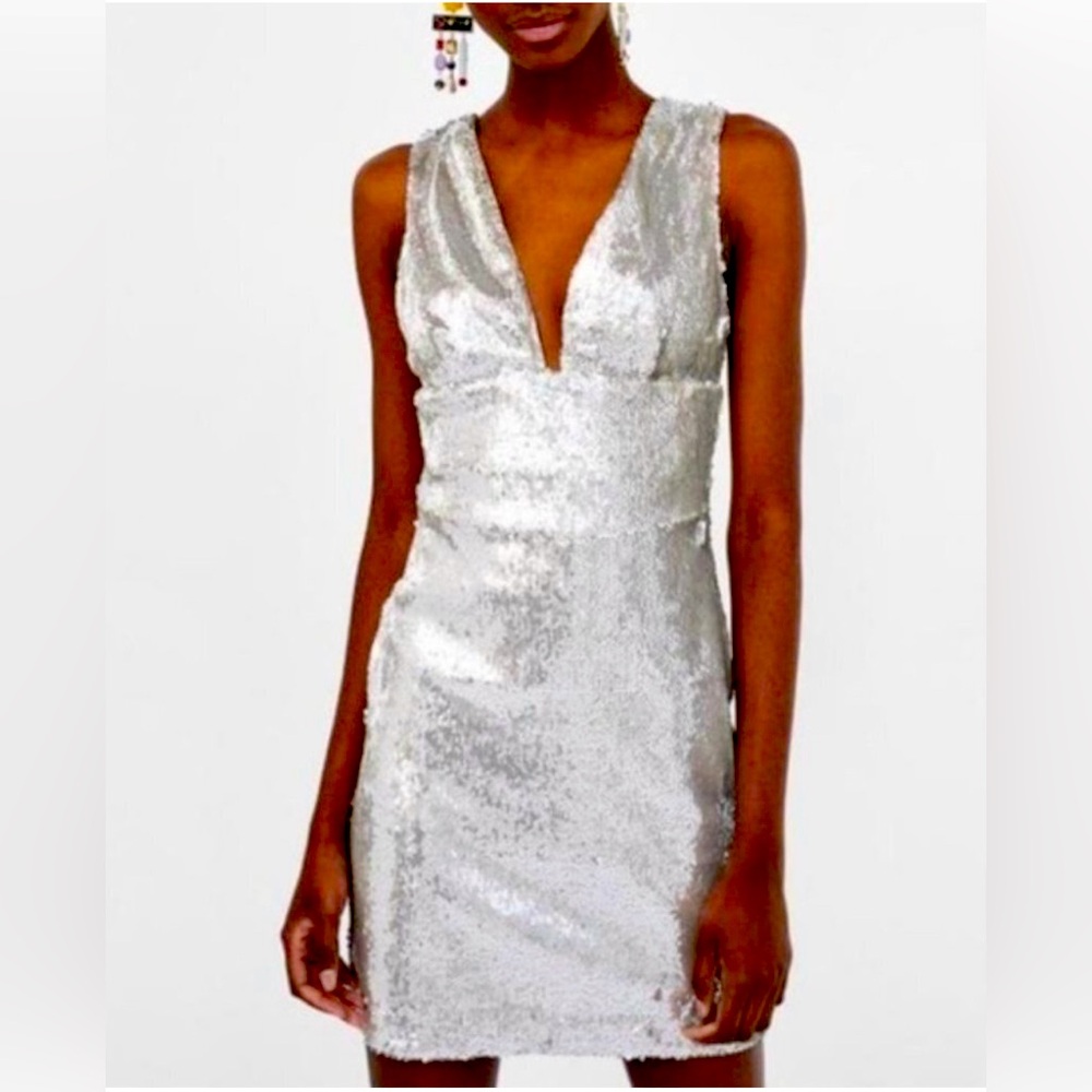 Zara Sequin Sleeveless Deep V-Neck Mini Party Dress Silver Size Large